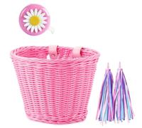 Yopeissn 1 Set di Cestino Anteriore per Bicicletta in Vimini Rattan+Campanello+Nappa+ Accessori per Manubrio Bici per Adulti Intrecciati Regolabili Rosa