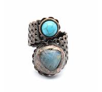 YOPI Anello aperto a tesa larga in pietra naturale Retro Love - Gioielli regolabili in turchese blu feldspato