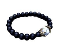YOPI Bracciale da uomo in pino bianco satinato nero - calcolo biliare nero con perline da 8 mm, occhio di tigre vulcanico e corona satinata(Frostedwhitepine)