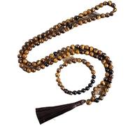 YOPI Set di braccialetti con 108 perline di lapislazzuli e occhio di tigre con pendente a nappa - Bracciale lungo in corda elastica naturale(TigerEyeSet)