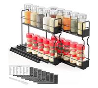 YOPOTIKA Portaspezie allungabile a 2 ripiani, colore nero, organizer per armadio con etichette e spazzola in spugna, contenitore per spezie, marmellate, salvaspazio per piccole cucine