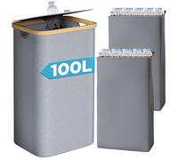 Yorbay 100L Contenitore per Bottiglie con Coperchio e 2 Tasche Interne, Organizer per Bottiglie con Struttura in Bambù per 30-45 Bottiglie Vuote, Ideale per Cucina e Stoccaggio, Grigio