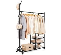 Yorbay Appendiabiti in bambù con Ruote,con 3 Ripiani e 6 Gancio ad Albero,176x100x38 cm, per Vestiti,Cappelli,Borse e Scatola per Scarpe (Nero)