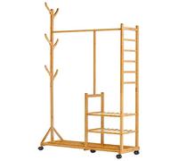 Yorbay Appendiabiti in bambù con Ruote,con 3 Ripiani e 6 Gancio ad Albero,176x100x38 cm, per Vestiti,Cappelli,Borse e Scatola per Scarpe (Naturale)
