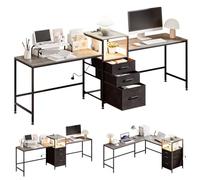 Yorbay Doppia scrivania da ufficio con prese: scrivania per computer a forma di L con cassetti in tessuto, scaffale per stampante, tavolo da gioco a LED, scrivania angolare per ufficio, studio
