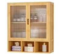 Yorbay Mobile Bagno Sospeso con 2 Sportello Magnetico Trasparente e Scomparto Aperto, Armadietto Medicinali in Bambù per Bagno e Cucina, Mobiletto da Parete Salvaspazio, 22 x 59 x 66 cm (Colore Bambù)