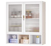 Yorbay Mobile Bagno Sospeso con 2 Sportello Magnetico Trasparente e Scomparto Aperto, Armadietto Medicinali in Bambù per Bagno e Cucina, Mobiletto da Parete Salvaspazio, 22 x 59 x 66 cm (Bianco)