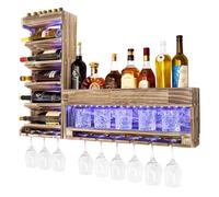 Yorbay Portabottiglie con Luce LED Pallet in Legno Fiammato, Bar a Parete con Porta Sugheri, per Bicchieri da Vino, Bicchieri da Whisky, Porta Bottiglie Casa Bar, Vintage, Regalo