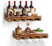 Yorbay Set di 2 scaffali da parete in legno per vino e bicchieri da vino, vintage, da parete, in legno fiammato, per soggiorno, bar, cucina