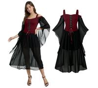 YORDET Costume medievale gotico da donna, con maniche a tromba, corsetto rinascimentale, per feste di Halloween (rosso, L)