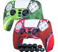 YoRHa Borchie Cassa Pelle Copertura Silicone skin Cover Custodia per PS5 Dualsense Controller x 2 (Camouflage Rosso + Verde) Con PRO Presa del Pollice Thumb Grips x 8