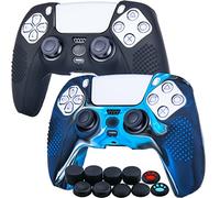 YoRHa Borchie Cassa Pelle Copertura Silicone skin Cover Custodia per PS5 Dualsense Controller x 2 (Nero + Blu mimetico) Con PRO Presa del Pollice Thumb Grips x 8