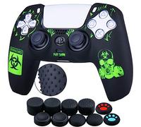 YoRHa Intaglio Laser Cassa Pelle Copertura Silicone Skin Cover Custodia per PS5 Dualsense Controller x 1 (BH Verde) Con PRO Presa del Pollice Thumb Grips x 8