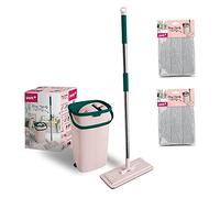 York Mocio piatto per cellulare con manico e secchio | in microfibra | assorbente | per la pulizia del pavimento | senza macchie d'acqua | rosa verde | 2 cartucce extra | capacità secchio: 6 litri |
