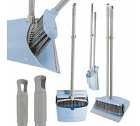 YORK Set Scopa e Paletta con Manico Lungo Kit Pulizia Pavimenti con Denti Pulitori per Setole Alzapovere Verticale Leggero per Interni ed Esterni Set Scopa e Raccoglitore Igienico Colore Blu