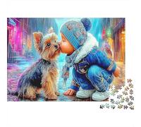 Yorkie e Bambino Puzzle Premium Antistress 1000 Pezzi Cartone Strada cittadina bagnata dalla pioggia Adulti Relax Mentale, Intrattenimento Familiare, Regalo Natale 38x26cm/1000pcs