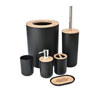 Yorkmills Accessori da bagno in bambù, Set di accessori per il bagno nero da 6 pezzi, Set di pennelli da bagno per bidone del bagno, Tazza porta spazzolino resistente, Portasapone, Pattumiera moderna