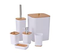 Yorkmills Set di Accessori da Bagno in Bambù, 6 Pezzi, Set di Accessori da Bagno, Set di Accessori per WC, Porta Scopino per WC, Resistente Portaspazzolino, Distributore di Sapone Con Pompa