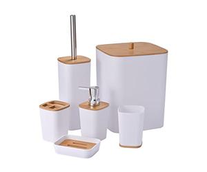 Yorkmills Set di Accessori da Bagno in Bambù, 6 Pezzi, Set di Accessori da Bagno, Set di Accessori per WC, Porta Scopino per WC, Resistente Portaspazzolino, Distributore di Sapone Con Pompa
