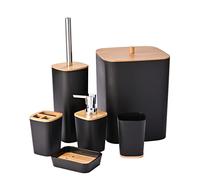 Yorkmills Set di accessori da bagno in bambù da 6 pezzi, Set di accessori per il bagno, Set di bidoni da bagno e scopino per WC, Pattumiera moderna, Tazza porta spazzolino da denti, Porta sapone