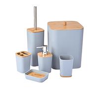 Yorkmills Set di accessori da bagno in bambù, set di 6 accessori da bagno, cestino da bagno e scopino per WC, tazza porta spazzolino resistente, dispenser di sapone con pompa, portasapone