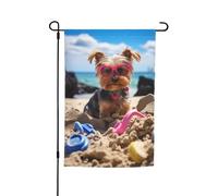 Yorkshire Terrier estivo Cucciolo carino Il mio cane d'amore sulla spiaggia Bandiera da giardino vibrante bifacciale 12 x 18 pollici Decorazione per casa Cortile