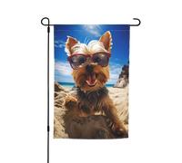 Yorkshire Terrier estivo Il mio cane d'amore sulla spiaggia Bandiera da giardino vibrante bifacciale 12 x 18 pollici Decorazione per casa e giardino