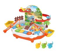 Yosamy Giocattolo da pesca multifunzione con musica e luce, gioco di pesca 2 in 1 con pista scorrevole, 2 canne da pesca, 8 pesci, 3 dinosauri per bambini, ragazzo, ragazza
