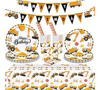 Yosemy Escavatori Set di Stoviglie per 25 Ospiti 127 Pezzi Stoviglie per Feste di Compleanno Piatti di Carta Tazze di Carta Tovaglioli Cannucce di Carta Tovaglia Decorazione Feste Compleanno Giallo