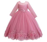 YOSICIL Abito Cerimonia Bambina Maniche Lunghe Pizzo Principessa Fiore Abito da Compleanno Kids Dress Comunione Cocktail Prom，160