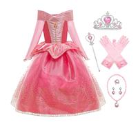 YOSICILCostume da Principessa Aurora per Ragazze Costume da Bella Addormentata a Maniche Lunghe con Accessorio 6 Pezzi Cosplay Compleanno Festa Halloween Natale,Rosa-6PS,120