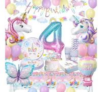 yosiio Decorazioni per feste a tema unicorno per 16 ospiti, set di decorazioni per il 4° compleanno con palloncini a forma di unicorno, piatti, tazze, tovaglioli, tovaglia, striscione, topper per