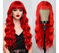 YOSILADY Parrucca rossa con frangia, morbida, lunga e ondulata, da donna, 66 cm, dall'aspetto naturale, per Halloween, cosplay e feste (rosso)