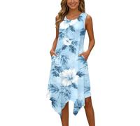 YOSUWOAI Abito da spiaggia da donna con tasche, tunica larga, per il tempo libero, con scollo a V, per il tempo libero, per le vacanze, estivo, senza maniche, Q Azzurro, XL