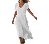 YOSUWOAI Abito estivo da donna, con scollo a V, in mussola, a maniche corte, estivo, in cotone, lino, da spiaggia, O bianco., XL