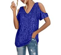 YOSUWOAI Camicetta da donna con paillettes luccicanti con scollo a V a spalla fredda con glitter a maniche corte top elegante party club camicette sciolte magliette a maniche corte estive, O blu., L
