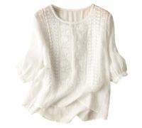 YOSUWOAI Camicetta da donna ricamata in cotone e lino, maniche a 3/4, boho folklore, ricamo hawaiano, top estivo, vintage, casual, traspirante, in lino, da spiaggia, O bianco., XL