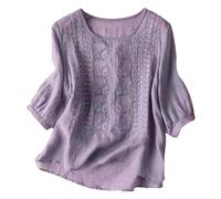 YOSUWOAI Camicetta da donna ricamata in cotone e lino, maniche a 3/4, boho folklore, ricamo hawaiano, top estivo, vintage, casual, traspirante, in lino, da spiaggia, O viola, 3XL