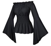 YOSUWOAI Camicetta da donna rinascimentale vittoriana con volant a vita mosca a maniche lunghe boho pirata camicia senza spalle maniche a tromba gothic Lolita Boho Camicette medievali