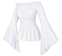 YOSUWOAI Camicetta da donna rinascimentale vittoriana con volant a vita mosca a maniche lunghe boho pirata camicia senza spalle maniche a tromba gothic Lolita Boho Camicette medievali, O bianco., M