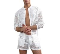 YOSUWOAI Camicia a rete trasparente da uomo, sexy, in pizzo, per il tempo libero, sottile, comoda, a maniche lunghe, traspirante, da uomo, alla moda, look bagnato, O bianco., L
