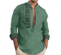 YOSUWOAI Camicia da uomo a maniche lunghe con bottoni, per la primavera e l'autunno, con colletto alto, in cotone e lino, etnico, per il tempo libero, O verde, M