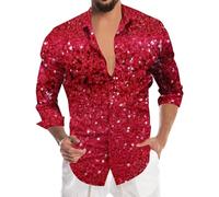 YOSUWOAI Camicia Uomo con Paillettes Anni 70, Manica Lunga, Stampa 3D, Camicia Scintillante per Disco Party, Top da Club Notturno, Camicia da Uomo Slim Fit, a Bottoni, Camicia da Tempo Libero