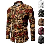 YOSUWOAI Costume di carnevale da uomo, casual, con teschio e rosa, stampa 3D, a maniche lunghe, per Halloween, stile hawaiano, per il tempo libero, stile vintage, a maniche lunghe, O nero., 3XL