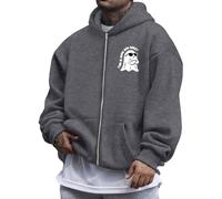 YOSUWOAI Felpa con cappuccio da uomo per Halloween, con chiusura lampo, con tasche, a maniche lunghe, Y2K, oversize, per autunno e inverno, P grigio., 3XL