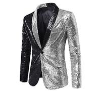 YOSUWOAI Giacca da uomo slim fit con brillantini, blazer color blocking, per il tempo libero, con un bottone, con paillettes, costume da carnevale per feste, discoteca e feste, O argento, L