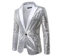 YOSUWOAI Giacca da uomo slim fit, con paillette, con bottone, blazer glitterato, per carnevale, tempo libero, spettacolo, anni '70 e anni '80, con colletto a risvolto, per matrimoni, feste, O argento,