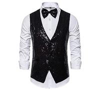 YOSUWOAI Gilet da uomo con paillettes e farfallino, set con scollo a V, gilet da smoking, paillettes brillanti, abito festivo, costume, outfit festivo, paillettes, gilet slim fit, gilet da lavoro