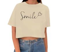 YOSUWOAI Maglietta da donna a maniche corte, sexy, senza pancia, estiva, vintage, a crop con lettera Los Angeles, girocollo, per adolescenti, ragazze, R beige, XL