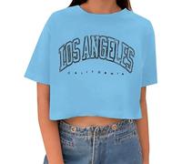YOSUWOAI Maglietta da donna a maniche corte, sexy, senza pancia, estiva, vintage, a crop con lettera Los Angeles, girocollo, per adolescenti, ragazze, O azzurro, L